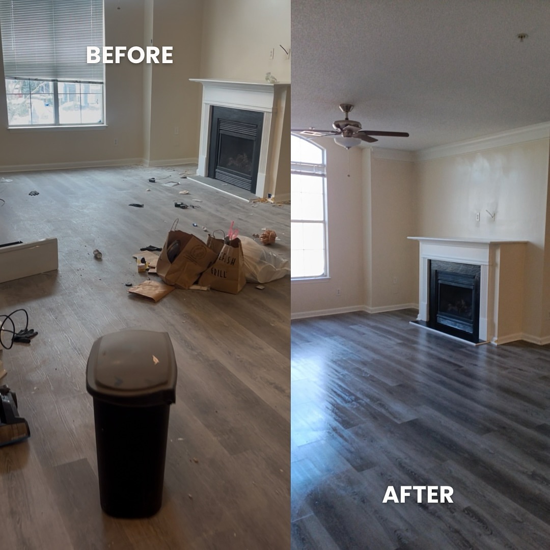 Before and after living room cleanup by Sharp Cleaning